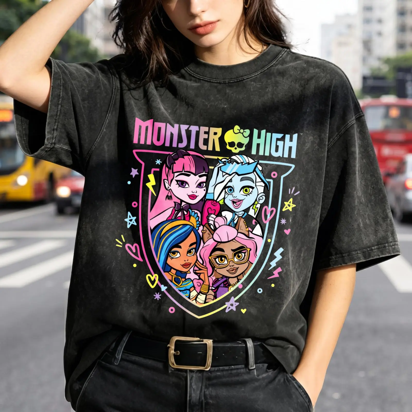 Women's Monster High Characters Vintage Washed Oversized Baggy T-Shirt - Breathable Short Sleeve, Cartoon Print, Flat Day Wear, Casual Outdoor Tops a-1