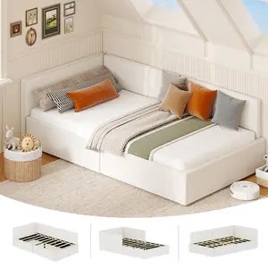 Twin Daybed with Bed Rails, Velvet Upholstered Corner Bed Frame with Headboard, Modern Kids Bed with Guardrail for Living Room, Bedroom, Easy Assembly, Beige