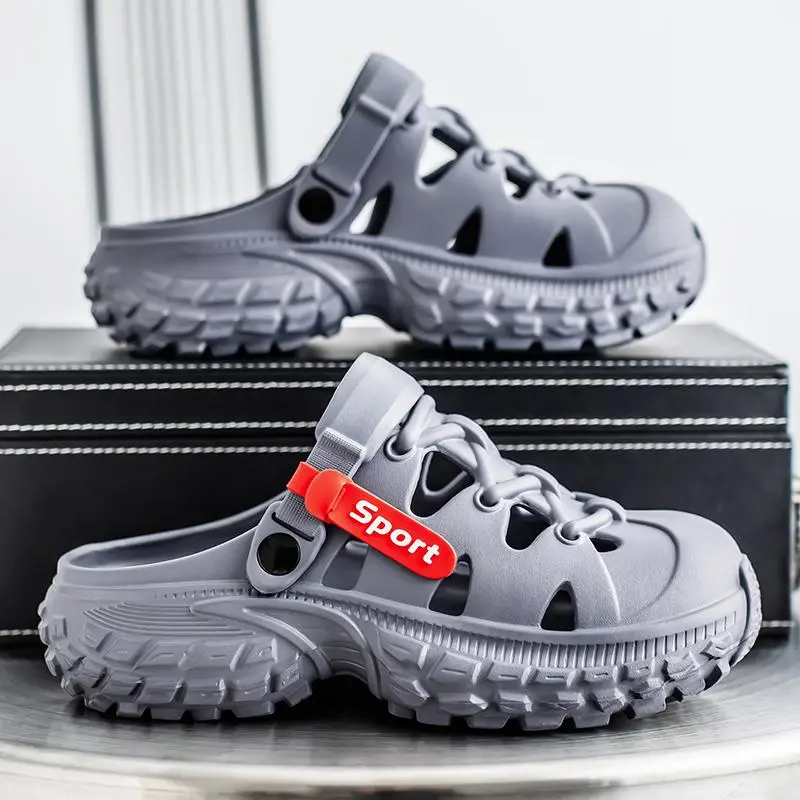 Men's Outdoor Thick-Soled Height-Increasing Non-Slip Driving Sandals with Closed Toe Beach Hollow Shoes Active Footwear