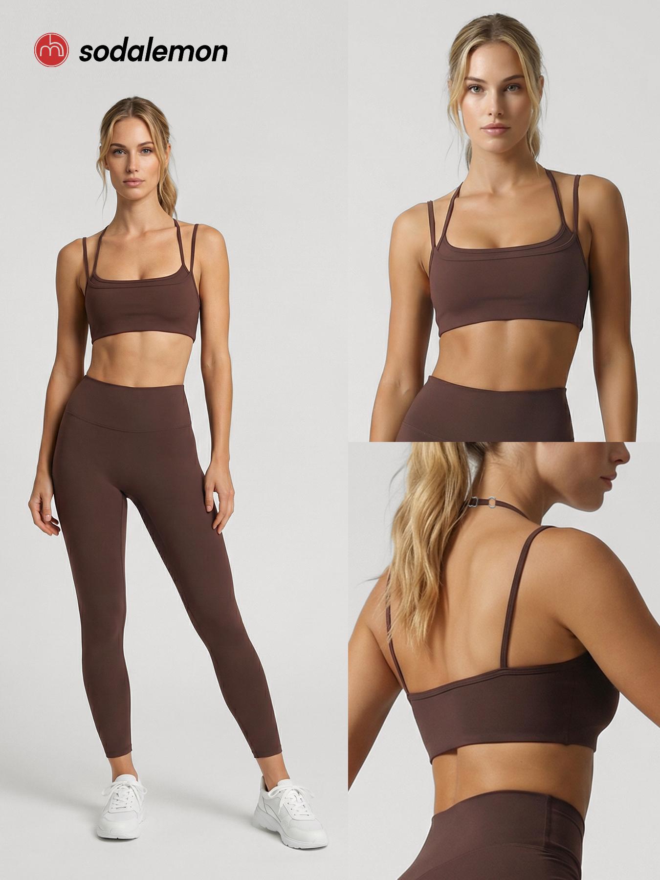 Sodalemon Women double layered-strap scoop-neck yoga sports bra, cropped open-back workout top, outdoor Pilates fitness sports bra
