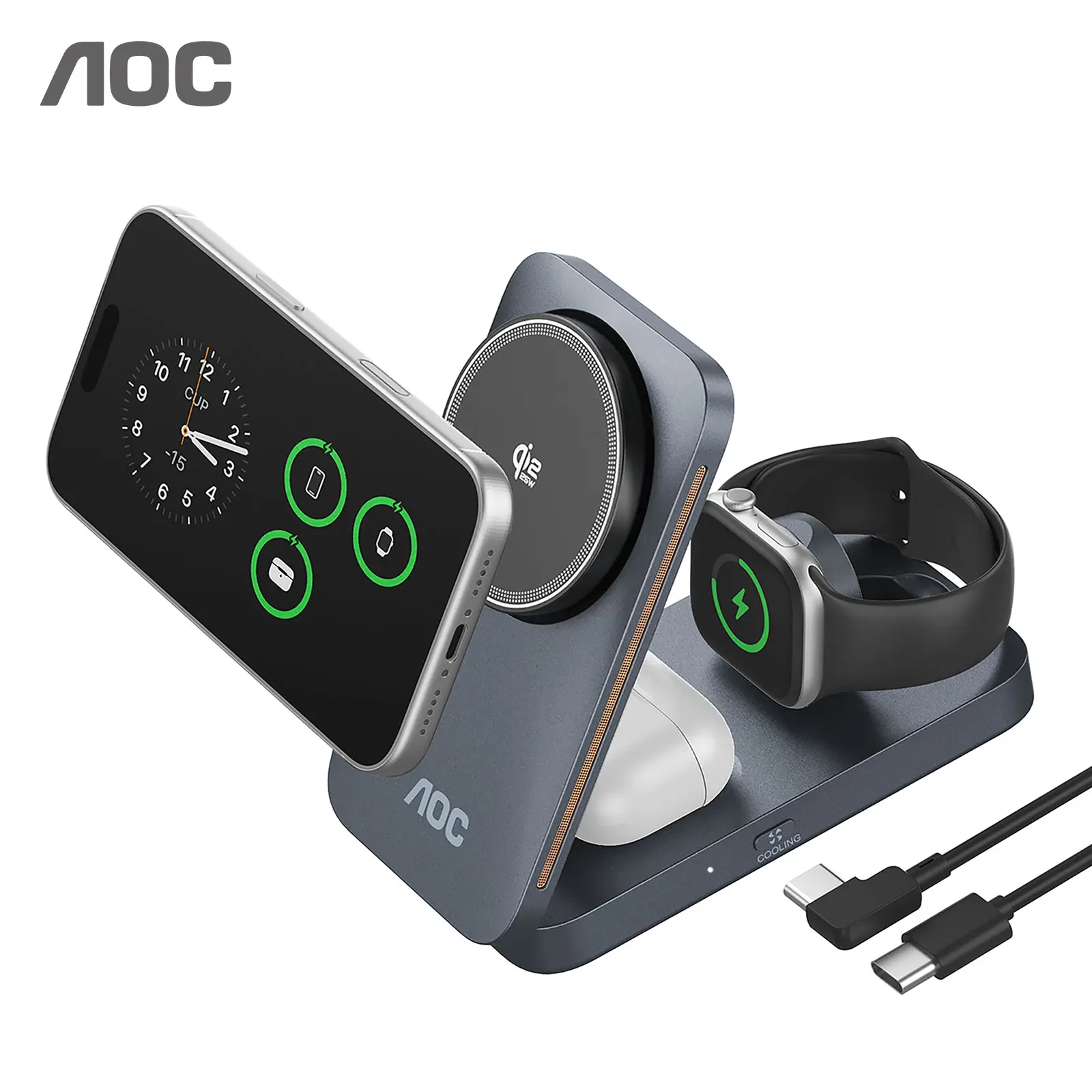 AOC 3 in 1 Wireless Charging Station, 25W Qi2.2-Certified Fast Charger for MagSafe
