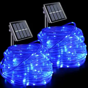 Solar Rope Lights Outdoor Waterproof, 2 Packs Each 33ft 100 LED String Lights, 8 Modes Fairy Lights in Clear Thin Tube for Camping Fence Patio Garden Trampoline Deck(Blue)