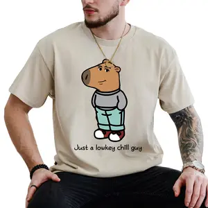 Men's Round Neck Lowkey Chill Capybara Knitted Ribbed Short-Sleeve T-Shirt - Natural Cotton Elastic Fabric, Sarcastic Comfy Casual Top, Gift for Boyfriend