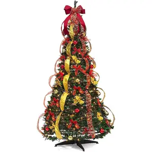 6 ft Fully Decorated Christmas Tree, Gold and Red Collapsible Christmas Tree with 350 Warm Lights, Bows, Ornaments, Holly Leaves and More, Pop Up Xmas Trees with Lights