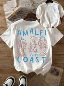 Women's Lobster & Letter Print Round Neck Tee, Casual Short Sleeve Crew Neck T-shirt for Daily Wear, Ladies Clothes for All Seasons, Top