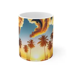 11oz Mug "Serene Visions: Tropical Bliss and Angel Numbers 1111" - 1111 Tropical Beach Sunset with Palm Trees Dolphins and Sailboats Cloud Drinkware Reusable