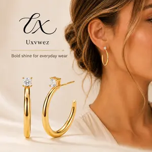 Uxvwez Chunky Hoop Earrings for Women Gold Silver Tone Diamond Look Accent Lightweight Statement Hoops Daily Jewelry Gift