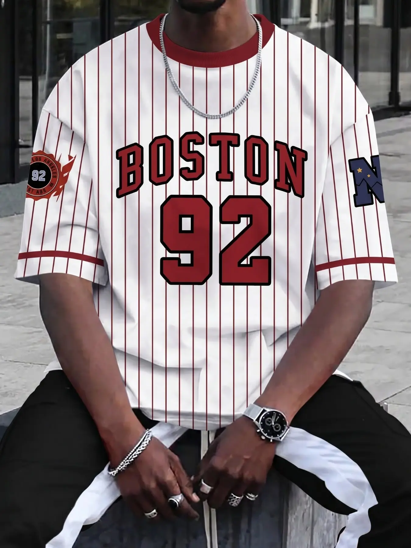 Men's White Red Pinstripe "BOSTON 92" Baseball Jersey, Breathable athletic top, Oversized Streetwear Tee with retro team graphics, breathable fabric, perfect for casual outings, game days, and vintage streetwear outfits with athletic vibe