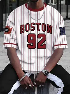 Men’s White Red Pinstripe “BOSTON 92” Baseball Jersey, Oversized Streetwear Tee with retro team graphics, breathable fabric, perfect for casual outings, game days, and vintage-inspired streetwear outfits with an athletic vibe. #Streetwear #BaseballJersey