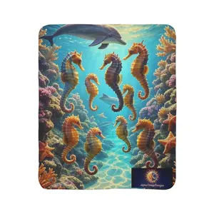Blanket, Trippy Ocean Fleece Sherpa Blanket with Seahorses, Dolphins, Starfish, Vibrant and Realistic Design, Home Decor, Beach Theme, Cozy