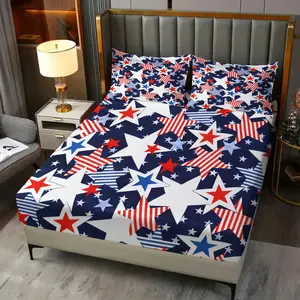 3PCS American Flag Star Fitted Sheet Set, Patriotic USA Bed Sheet Set, Soft Microfiber Bedding Set (No Fillers), 4th of July Stars Stripes Printed Mattress Cover for Patriotic Bedroom, Dorm & Independence Day Decor
