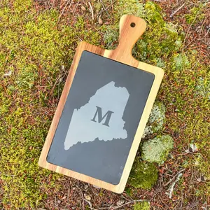 Maine Monogram Charcuterie Board | Custom Engraved Slate & Wood Cheese Board | Rustic Wedding or Housewarming Gift