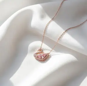 Rose Gold Crystal Swan Necklace - Elegant Romantic Jewelry for Women with Pink Teardrop Gemstone & Sparkling Clear Crystals Clavicle-Length Chain Perfect Gift