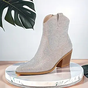 Women's Sparkly Ankle Boots Rhinestone Glitter Booties Pointed Toe Chunky Low Heel Cowboy Boots Footwear Girl Walking Shoes Comfort Shoe Onyx