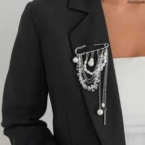Baroque Pearl Crystal Tassel Brooch, Silver Multi-Layer Chain Safety Pin, Elegant Suit Lapel Decorative Pin for Women summervibes