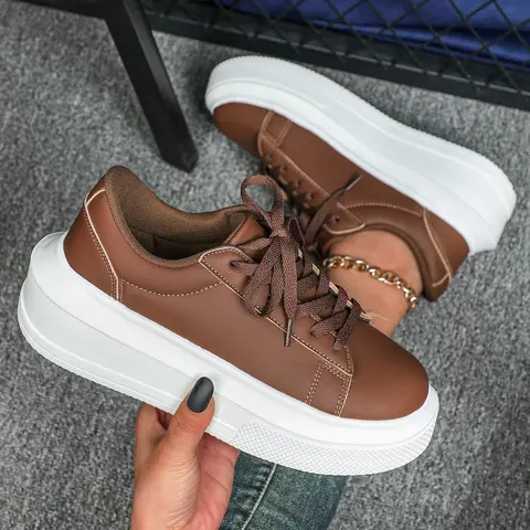 Women's Casual Thick Sole Sneakers, Thick Soled Trainers, Sports Shoes, Comfortable Breathable Low Top Lace-Up Running Shoes, Perfect for Valentine's Day Gift, Brown, Minimalist Casual Shoes, Casual Breathable Footwear