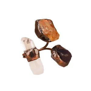 Dark Retro Niche Crystal Raw Stone Handmade Welded Antique Bronze Electroplated Women's Punk Rock Party Gift Ring Moldavite Spiritual Growth Pendant Rainbow Jewelry Accessory Set