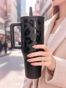 HydroJug 40oz Traveler Tumbler - Black Leopard Print, Insulated Stainless Steel Flasks with Handle, Straw, Leak-Proof Design & Cup Holder Compatibility