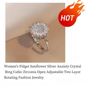 Fidget Ring Sunflower Ring for Women Sliver Anxiety Crystal Rings Cubic Zircon Sunflower Ring Open Adjustable Spinner Sun Engagement Ring for Friends Trendy Jewelry