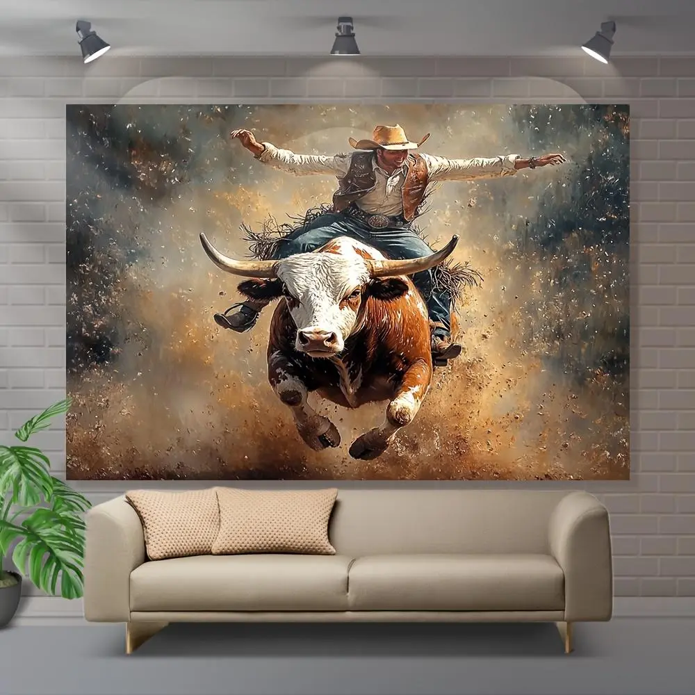 Bull Riding Backdrop Cowboy Riding Bull Photography Backdrop Banner, Vibrant Western Wall ...