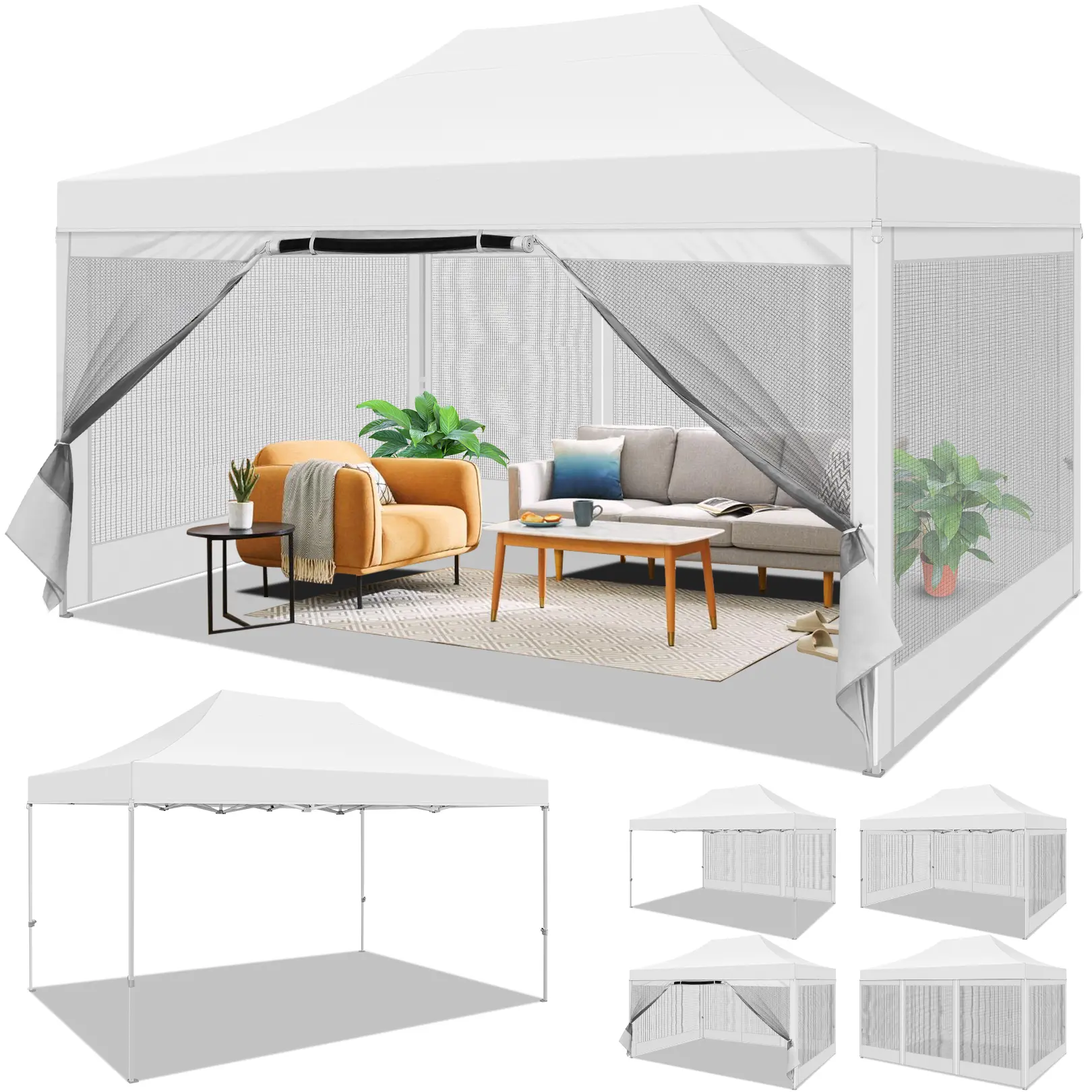 COBIZI Heavy-Duty Pop-Up Adjustable Folding Shade Canopy Tent, 10'x15' with 4 Side Walls & Mosquito Net Wall, Commercial Easy-Setup Instant Outdoor Beach Shade Canopy Backyard Tent for Patios, Gardens