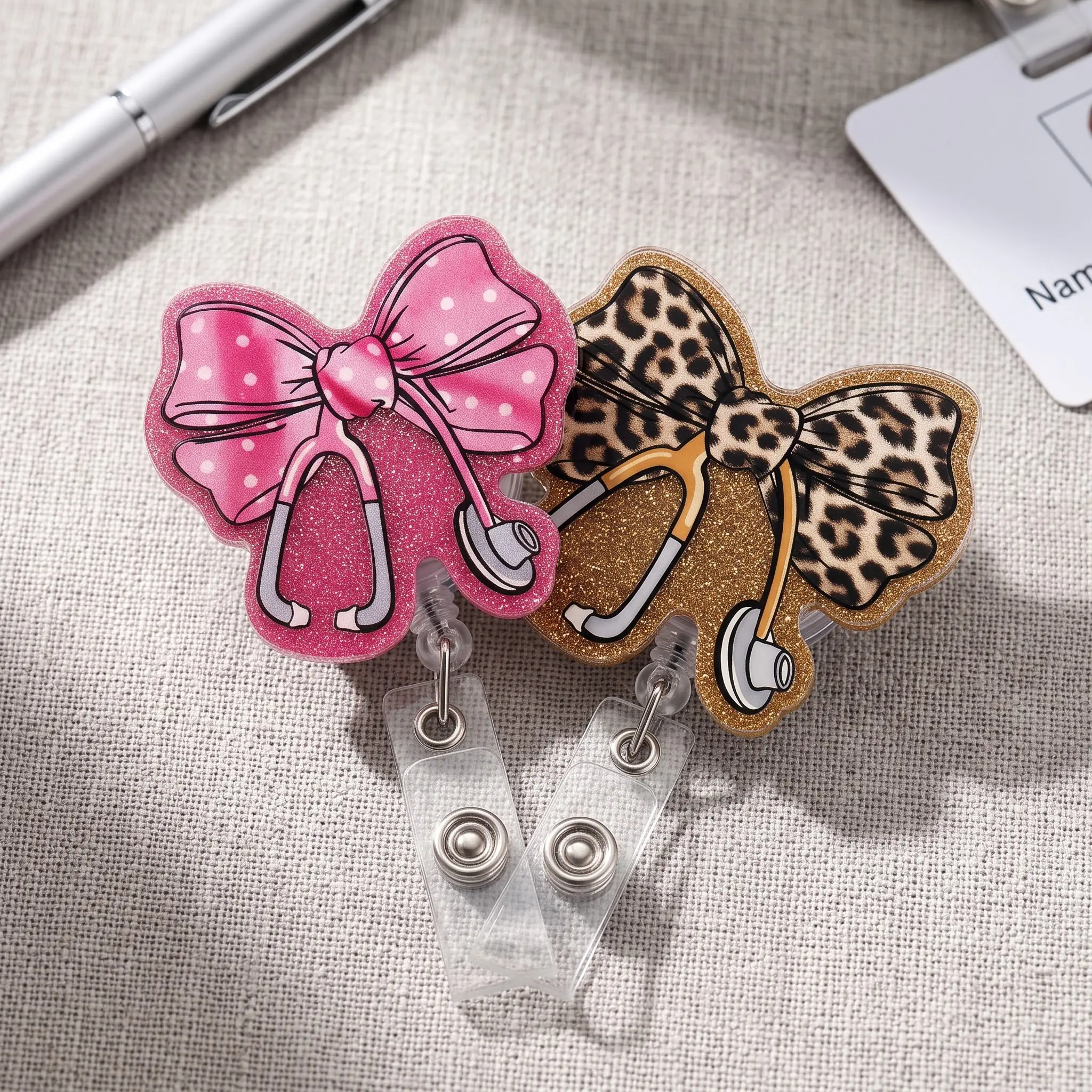 Pink Glitter & Leopard Print Badge Reel, Cute Acrylic Bow Retractable ID Holder, Coquette Nurse Badge Clip, Girly Y2K Healthcare Accessory Gif