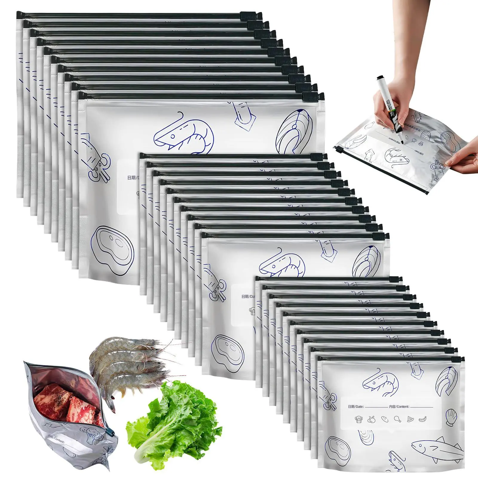 30PCS Reusable Aluminum Foil Sealable Bags - m(10)+l(10)+s(10) 3-Size Stand-Up Zip-Lock Pouches with Label Area, Kitchen Food Storage Containers for Airtight Produce Keeping & Organized Food Storage