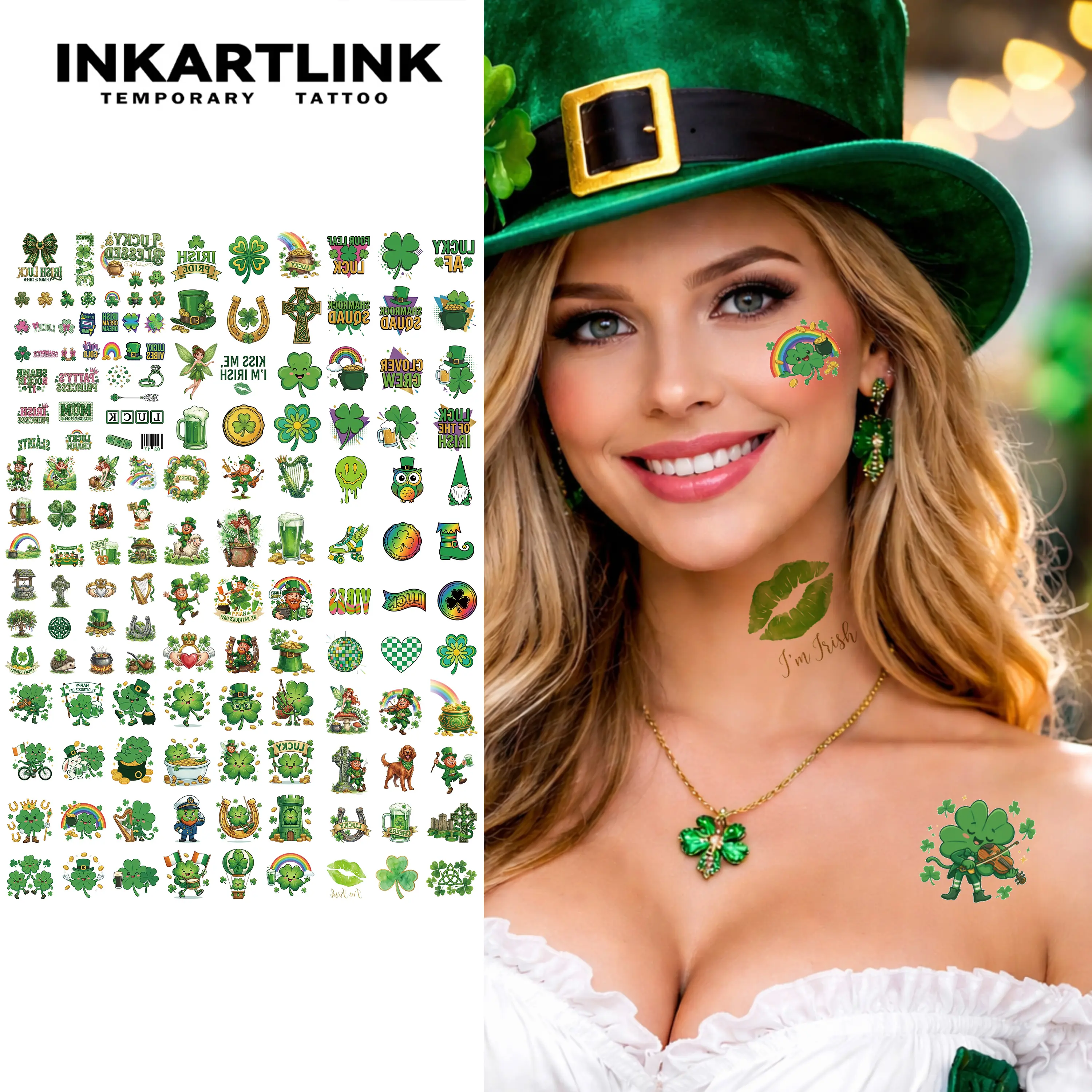 INKARTLINK St. Patrick's Day Temporary Tattoos - 9 Sheets Waterproof Green Shamrock Face Stickers, Suitable for All Skin Types, Ideal for Irish Festival Parties