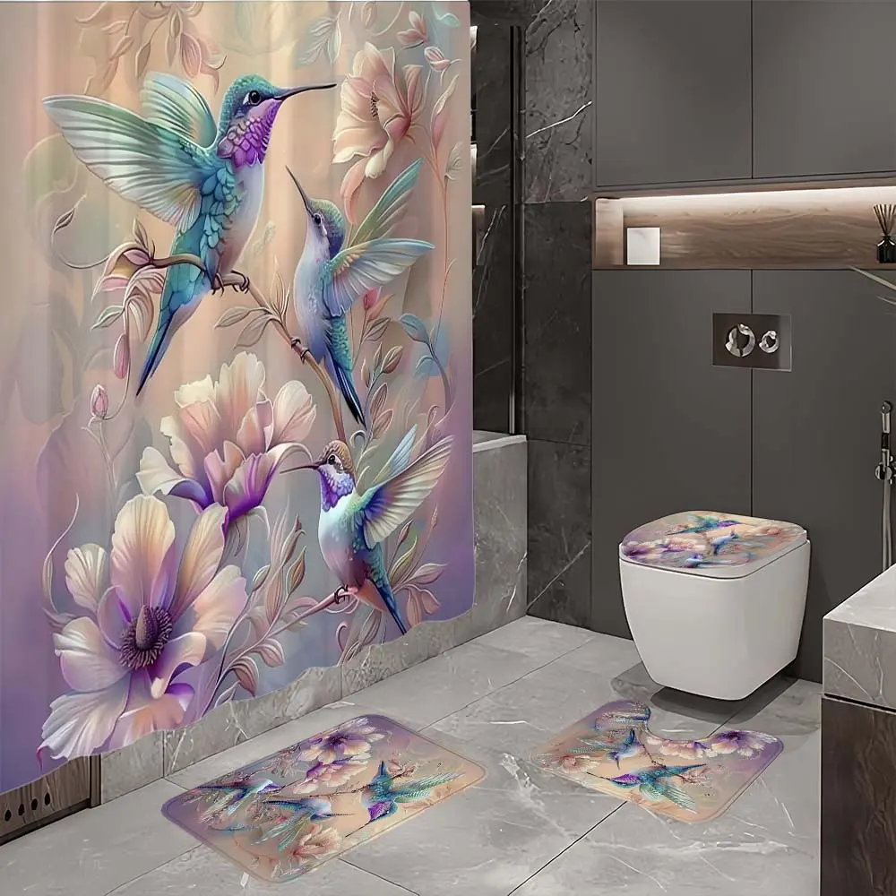 Whimsical Floral Hummingbird Marble Bathroom Decor Set - 4-Piece Washable Bundle with Shower Curtain, Non-Slip Floor Mat, U-Shaped Toilet Mat, Toilet Lid Cover, & Easy-Installation Shower Curtain Hooks