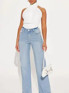 Zahra Stretch Embellished Straight Leg Jeans - Light Wash