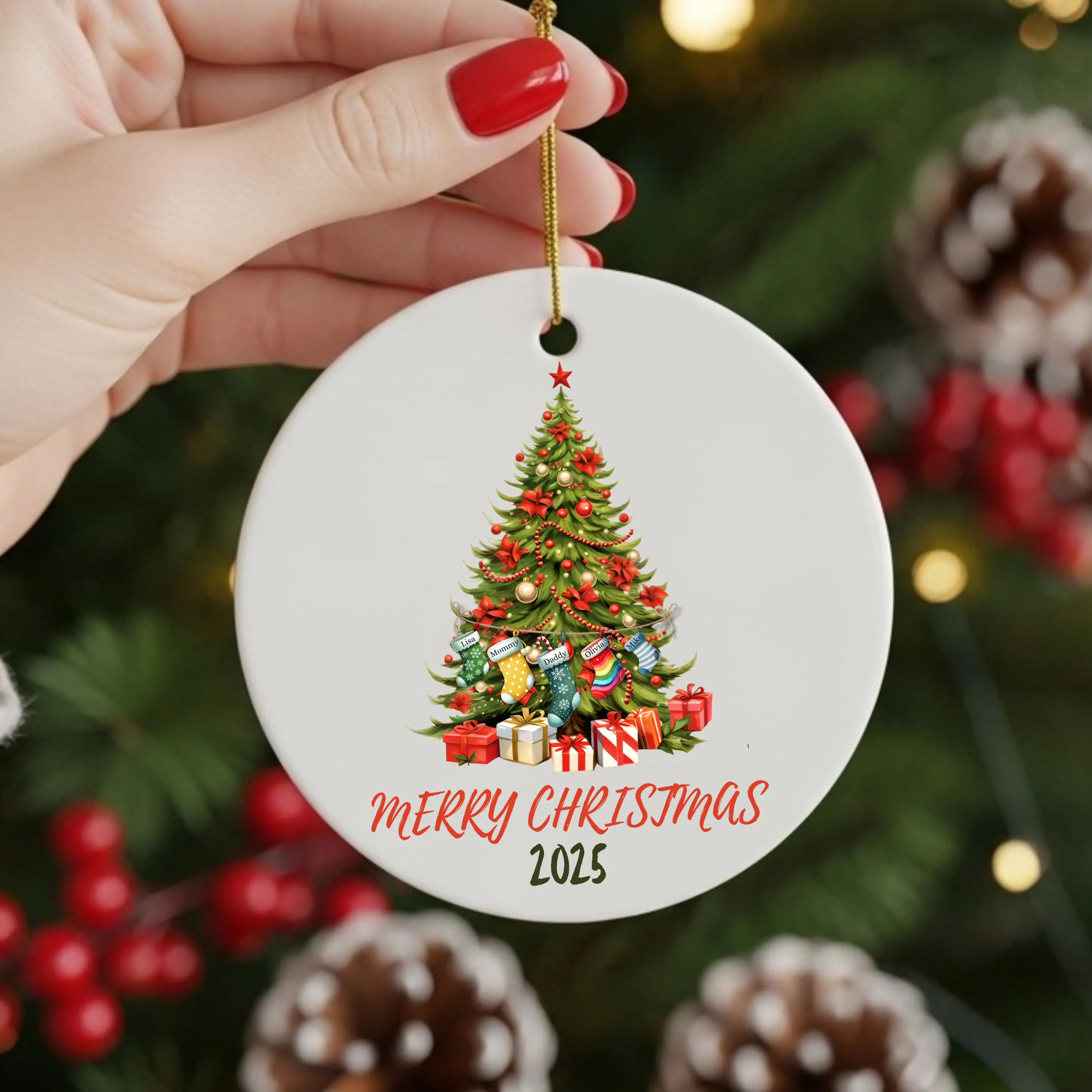 Family Christmas Tree Ornament Personalized Ceramic Keepsake with Decorated Tree Custom Name Stockings & Merry Christmas 2025 Text Glossy Print Round 1 Side