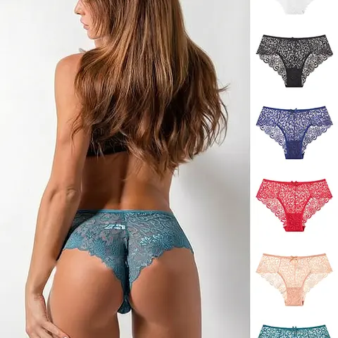 Women's 6-Piece Elegant Floral Lace Panties - Soft, Breathable, Mid-Rise, Cheeky, Seamless, Sheer Hollow Out Lady Lingerie with Bow, 6-Color Style Mix Teal Multi-Color Everyday Underwear for Bikini Outfits, Wedding