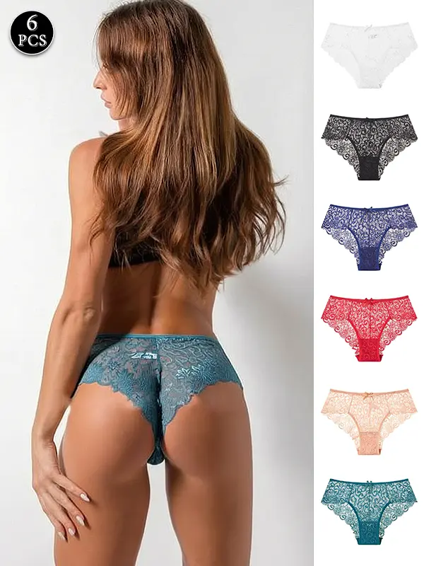Women's 6-Pack Elegant Floral Lace Panties - Soft Breathable Mid-Rise Cheeky Sheer Seamless Lingerie Pieces, Multi-Color Hollow Out Everyday Underwear for Bikini Outfits