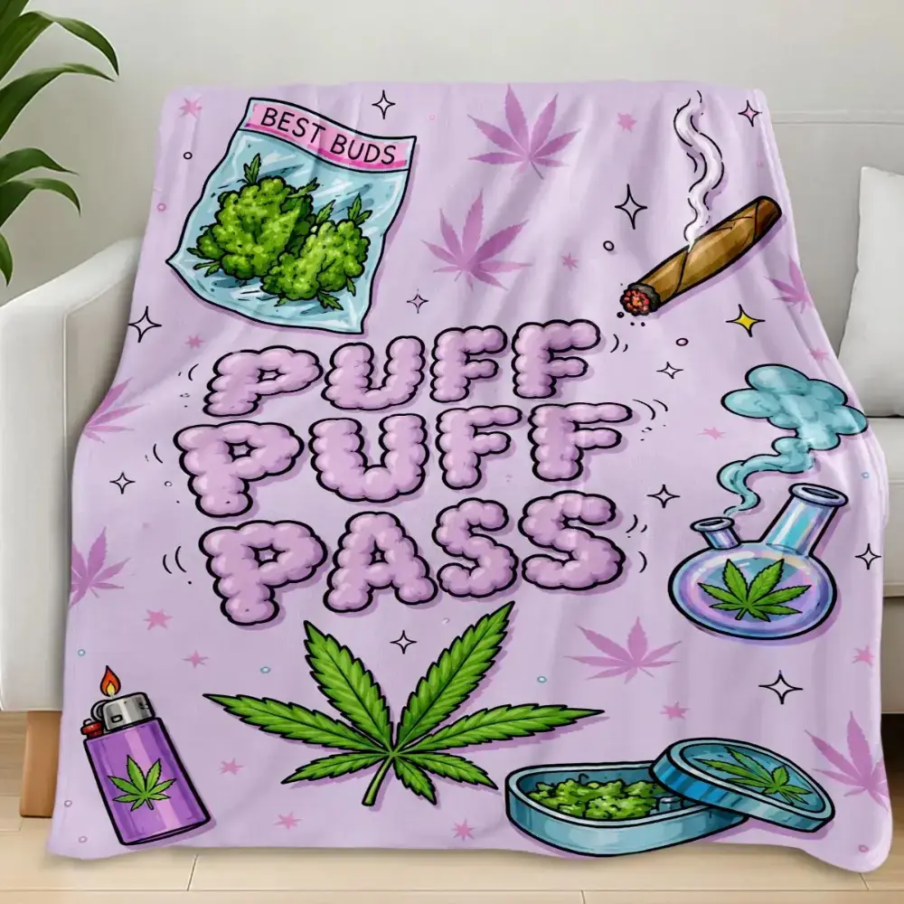 Pink Marijuana Leaf Flannel Throw Blanket, Puff Puff Pass Funny Weed Fleece Blanket, Soft Cozy Plush Throw for Bed Sofa Couch, Cannabis Lover Home Decor Gift