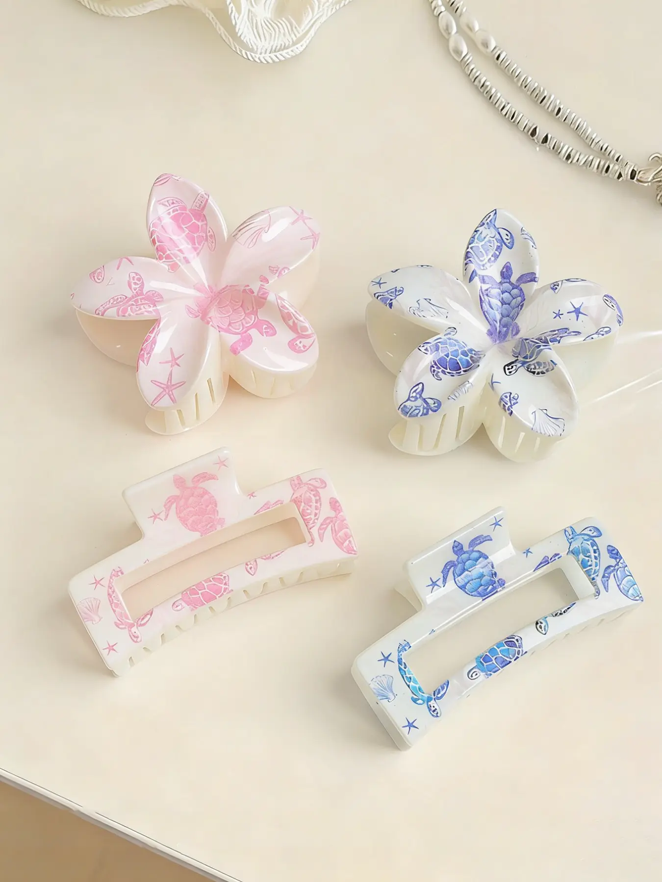 4pcs Spring Summer Sweet Ocean Turtle Shell Egg Flower Square Hair Claw Simple Fresh Twist Hair Clip Accessories Hair Decor Beach Hair Clips Flat Claw Clips Hair Claws Set for Daily Wear and Beach Vacation Use