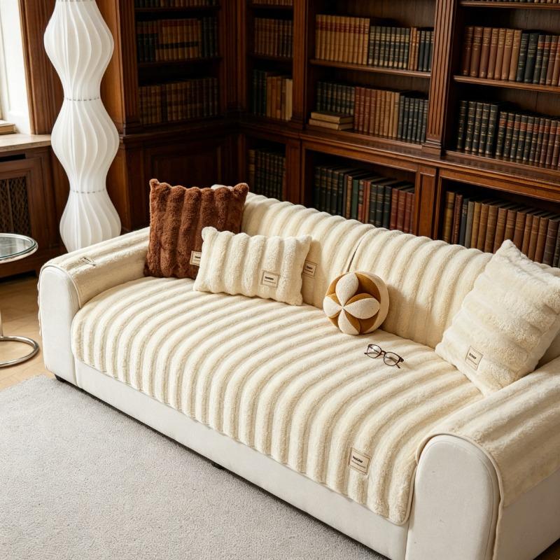 Cream Ribbed Faux Fur Sofa Cover | Ultra-Soft Vertical Striped Throw for Minimalist Homes