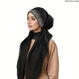 Women's Navy Blue Rhinestone Headscarf Breathable Hijab Wrap for Ramadan Events Stylish and Comfortable