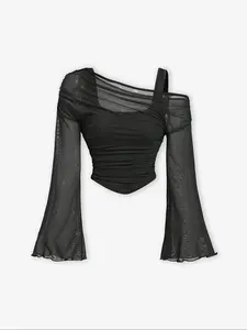 Women's Solid Color Elegant Asymmetrical Neck  Tee, Fashion Casual Long Sleeve T-shirt Top for Daily Outdoor Wear, Ladies Clothes for All Seasons, Womenswear Garments
