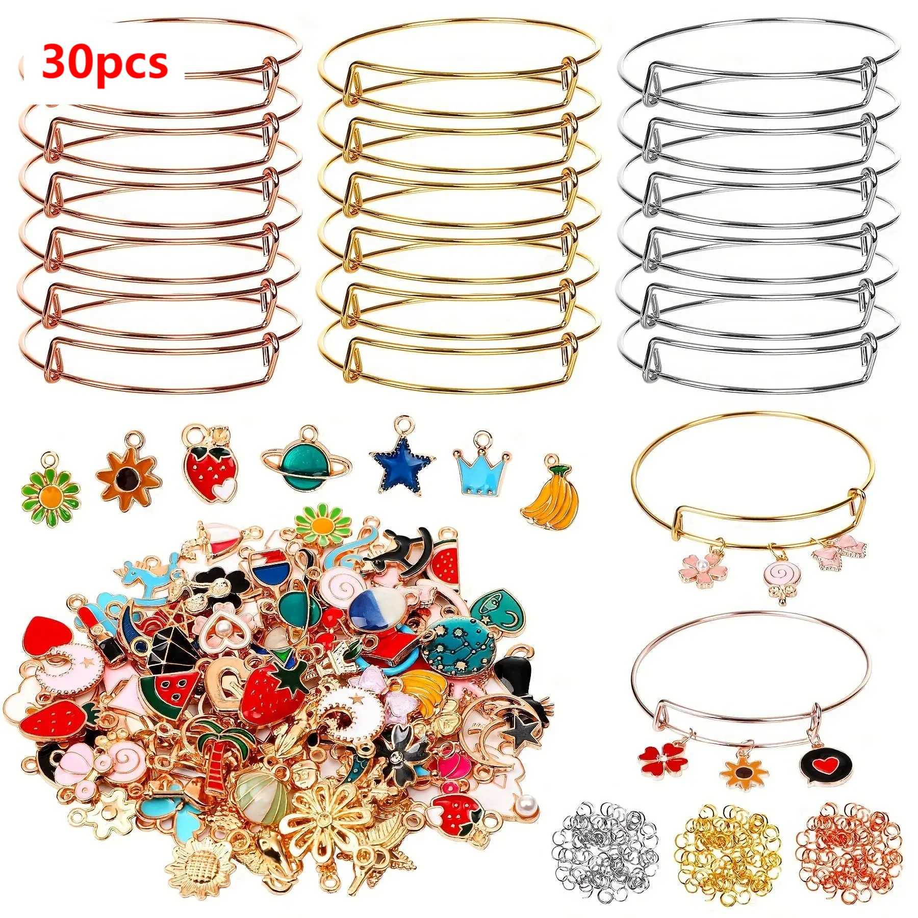 30pcs Silvery Expandable Blank Bracelets Adjustable Wire Bangles with 300pcs Tibetan Silvery Charms, 200pcs Open Jump Rings for Jewelry Making (Multicolor)