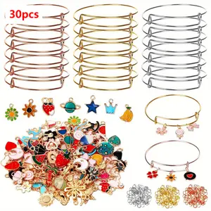 30pcs Silvery Expandable Blank Bracelets Adjustable Wire Bangles with 300pcs Tibetan Silvery Charms, 200pcs Open Jump Rings for Jewelry Making (Multicolor)