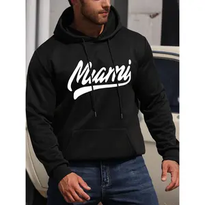 Men'S Miami Graphic Print Hoodie - Cozy Long Sleeve Pullover with Drawstring Hood, Polyester Blend, Casual Streetwear for Fall/Winter, Black with White Lettering, Everyday Comfort Apparel|Casual Style Hoodie|Polyester Blend Hoodie Menswear Sweatshirts Top
