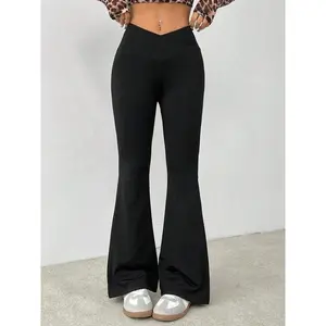 Women's Solid Flare Leg Sweatpants, Athleisure Pants, Casual Comfy Bell Bottom Trousers for Daily Wear, Ladies Bottoms for All Seasons