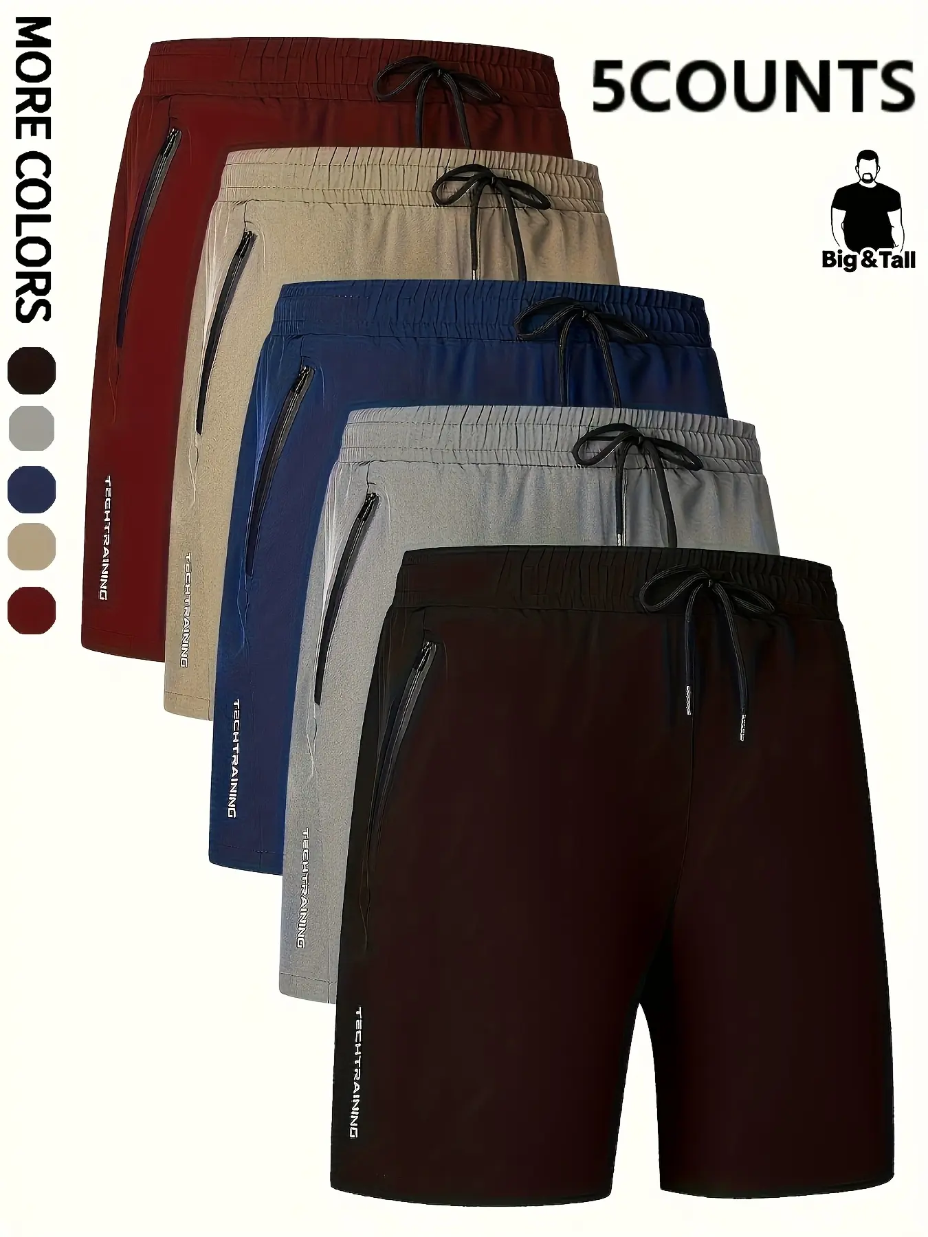 Men’s Plus Size Shorts, Pack of 5 — Zipper Pockets, Unique Print, Comfortable and Breathable, Suitable for Running, Fitness, Training, Sports, Cycling, and Hiking