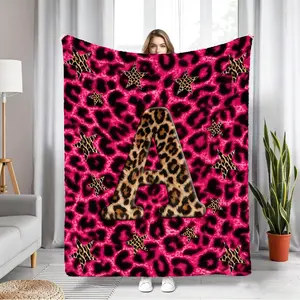 Pink Leopard Print Blanket Featuring the Letters A-Z. This Lightweight and Soft Flannel Blanket Is Suitable for All Seasons, Providing Warmth Comfort. Perfect for Use On Sofas, Beds, In Cars, or During Office Naps. It'S A Perfect Gift Choice for Women.
