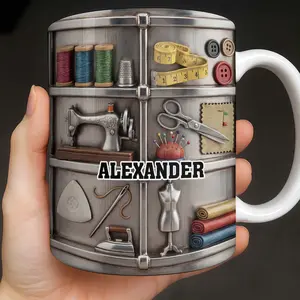 Seamstress Creative World Mug Sewing Machine Thread Spools Gift, (Leave Note at Checkout), 2D Printed 3D Effect Coffee Cup, Sewing Craft Theme Mug, Custom Name Tailor Gift Idea, Handmade Creative Keepsake, 11oz Ceramic Mug