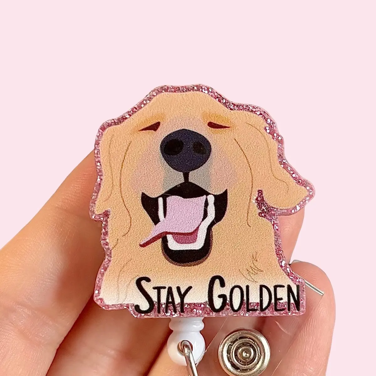 Glitter My Badge Stay golden retriever badge reel for nurse and hospital workers. Badge clip Badge pull - Retractable swivel clip with a 360 rotation. Great gift for coworker.