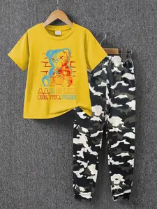 Boys' Summer Fashion Creative Bear Print Casual Short Sleeve T-Shirt + Comfortable Camo Sweatpants Set, Boys' Clothing Gift