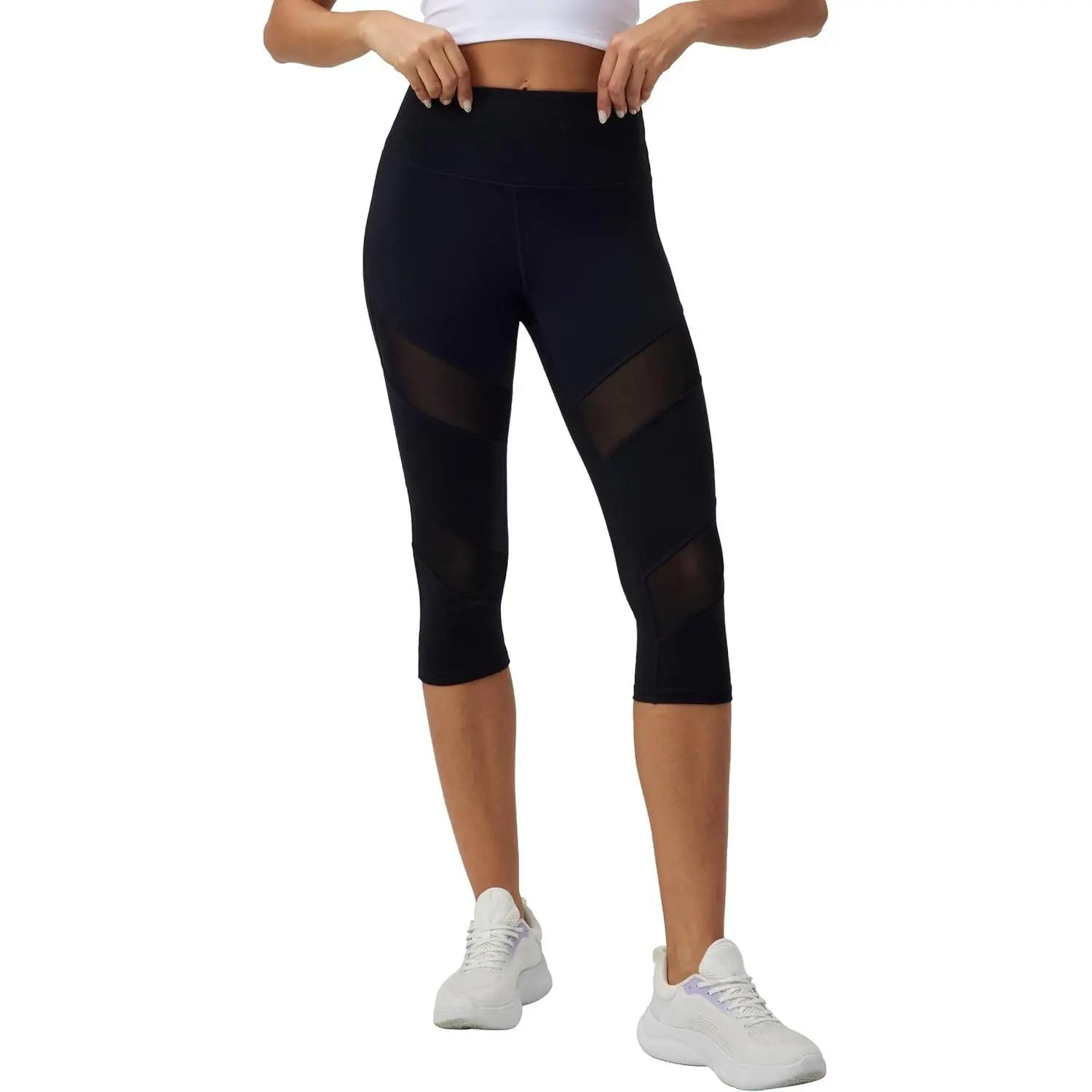 Women's High Waisted Yoga Capri Leggings with Mesh Panels, Breathable Lightweight Workout Pants with Tummy Control and Hidden Pocket, Tummy Tuck Shapewear, Hidden Waistband Pocket, Everyday Active, Female