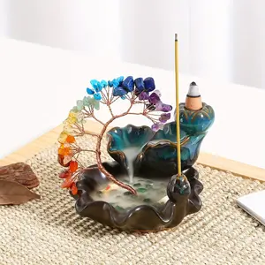 A Ceramic Incense Burner with 7 Flowing Backflow Cones, Featuring Crystal Wealth Tree, Scented Aroma for Yoga Meditation and Home Decoration Perfume Freshener Fragrance