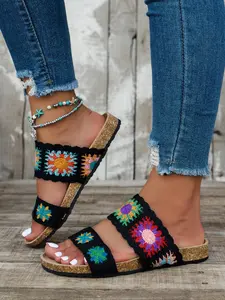 Ethnic Embroidered Flat Sandals, Knit Shoe Face with Colorful Sunflower Embroidery, Dual Strap Fits Foot Shape, Summer Beach Vacation, Flower Decorated Slides